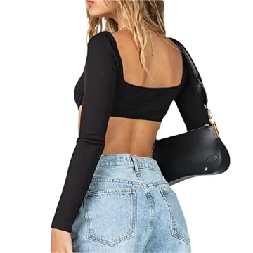 Women Long Sleeve Square Neck Crop Top - Y2K Fashion