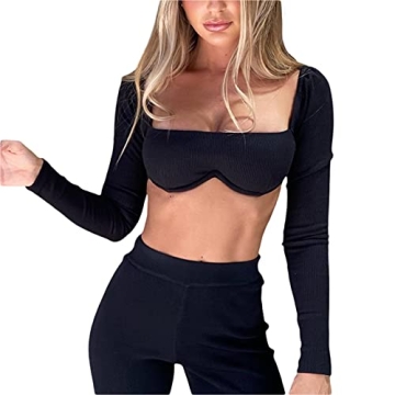 Women Long Sleeve Square Neck Crop Top - Y2K Fashion