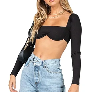 Women Long Sleeve Square Neck Crop Top - Y2K Fashion