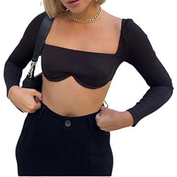 Women Long Sleeve Square Neck Crop Top - Y2K Fashion