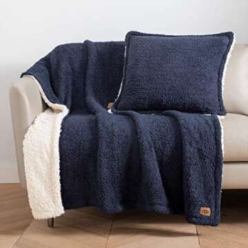 UGG Discontinued 16649 Ana Plush Flannel Oversized Reversible Fleece Throw Blanket Luxury Lightweight Comfortable Cozy Hotel Style Machine Washable Luxurious Blankets, 70 x 50-Inch, Navy