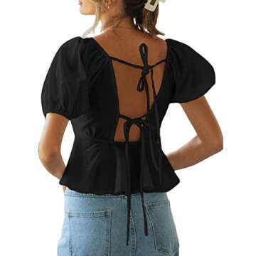 Remidoo Women's Puff Short Sleeve Tie Back V Neck Ruffle Hem Peplum Crop Tops Black Large