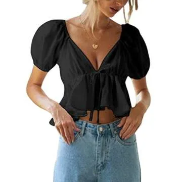 Remidoo Women's Puff Short Sleeve Tie Back V Neck Ruffle Hem Peplum Crop Tops Black Large