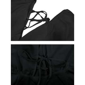 Remidoo Women's Puff Short Sleeve Tie Back V Neck Ruffle Hem Peplum Crop Tops Black Large