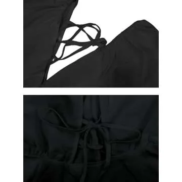 Remidoo Women's Puff Short Sleeve Tie Back V Neck Ruffle Hem Peplum Crop Tops Black Large