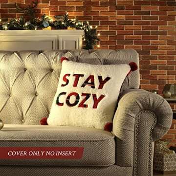 Cozy Bliss 1pcs Buffalo Plaid Throw Pillow Cover 18x18 Inches Christmas Pillow Cover, Embroidered Stay Cozy Decorative Throw Pillow Cover for Holiday Home Decor (Stay Cozy, 18" x 18")