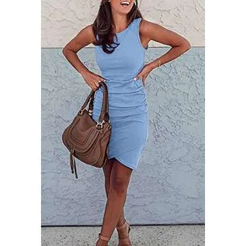 BTFBM Women 2024 Summer Sleeveless Tank Dresses Crew Neck Slim Fit Short Casual Ruched Bodycon Party Club Mini Dress(Airy Blue, Small)
