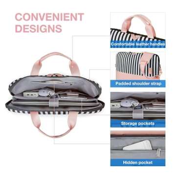 BAGSMART Laptop Bag for Women, 15.6 Inch Laptop Case Slim Computer, Work Briefcase, For Travel, Pink Stripes