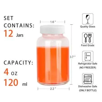 HINGWAH 12 Pack 4 OZ Glass Shot Bottles with Caps, 120 ML Empty Wellness Juice Shot Bottles, Reusabl...