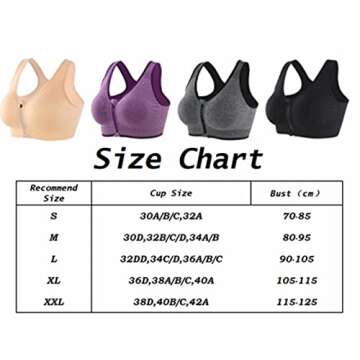INIBUD Women's Sports Bra Post-Surgery Bra Zip Bra Zipper Front Wirefree Removable Pads Yoga Bra Zip Sports Bra (4 Pack (Bbpg), Large)