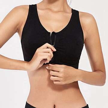 INIBUD Women's Sports Bra Post-Surgery Bra Zip Bra Zipper Front Wirefree Removable Pads Yoga Bra Zip Sports Bra (4 Pack (Bbpg), Large)