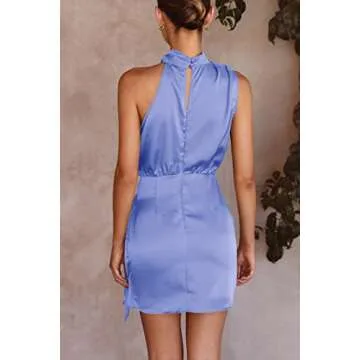 PRETTYGARDEN Women's Short Formal Satin Dress Summer Sleeveless Mock Neck Tie Waist Cocktail Party Dresses (Blue,Medium)