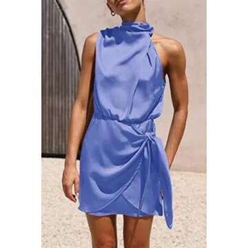 PRETTYGARDEN Women's Short Formal Satin Dress Summer Sleeveless Mock Neck Tie Waist Cocktail Party Dresses (Blue,Medium)