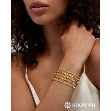 shownii Gold Bracelets for Women - 14K Gold Plated Stretch Beaded Bracelets Stackable Bead Ball Adju...