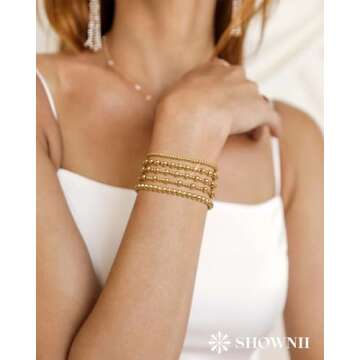 shownii Gold Bracelets for Women - 14K Gold Plated Stretch Beaded Bracelets Stackable Bead Ball Adjustable Jewelry Set Gifts