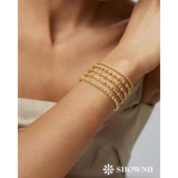 shownii Gold Bracelets for Women - 14K Gold Plated Stretch Beaded Bracelets Stackable Bead Ball Adjustable Jewelry Set Gifts