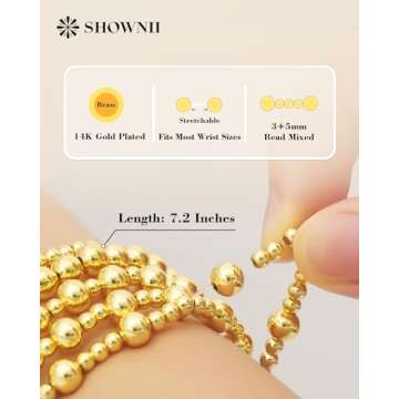 shownii Gold Bracelets for Women - 14K Gold Plated Stretch Beaded Bracelets Stackable Bead Ball Adjustable Jewelry Set Gifts