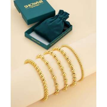 shownii Gold Bracelets for Women - 14K Gold Plated Stretch Beaded Bracelets Stackable Bead Ball Adjustable Jewelry Set Gifts