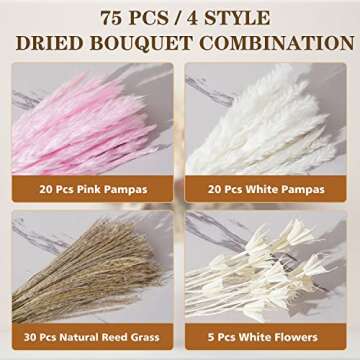Dried Pampas Grass 17'', Set of Fluffy Pink Pampas, White Pampas, Reed Grass,White Flower, Natural Small Pampas Grass Bouquet Perfect for Boho Home Decor, Wedding Decor, Flower Arrangements (75 PCS)