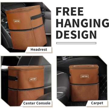 HOTOR Brown Car Trash Can with Adjustable Strap, Magnetic Snaps, Waterproof Lining, and Storage Pocket