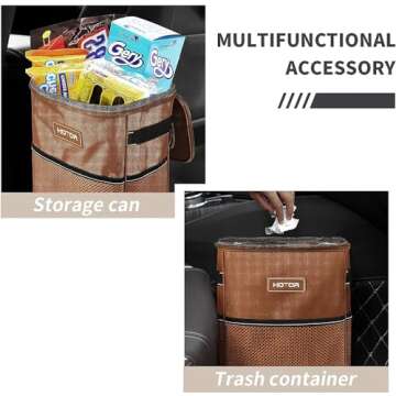 HOTOR Brown Car Trash Can with Adjustable Strap, Magnetic Snaps, Waterproof Lining, and Storage Pocket