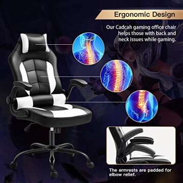Gaming Chair, Cadcah Ergonomic Computer Chair Reclining High Back Office Chair Height Adjustment Desk Chair with Armrests Headrest and Lumbar Support PC Gaming chair for Adults Teens Men Women (White)