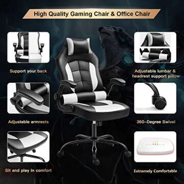 Gaming Chair, Cadcah Ergonomic Computer Chair Reclining High Back Office Chair Height Adjustment Desk Chair with Armrests Headrest and Lumbar Support PC Gaming chair for Adults Teens Men Women (White)