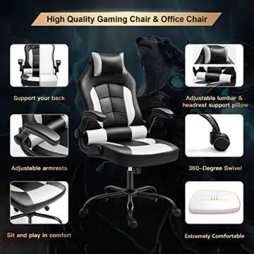Gaming Chair, Cadcah Ergonomic Computer Chair Reclining High Back Office Chair Height Adjustment Desk Chair with Armrests Headrest and Lumbar Support PC Gaming chair for Adults Teens Men Women (White)