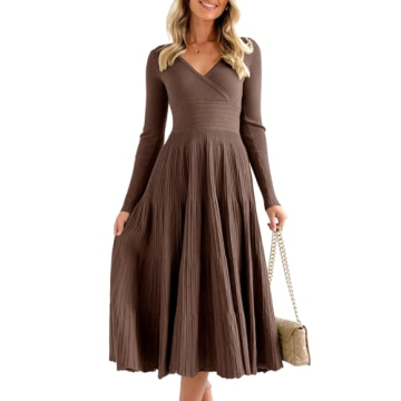 Saodimallsu Womens Long Sleeve Knit Midi Dress 2024 Spring Wrap V Neck Pleated A Line Fit Flare Eleg...