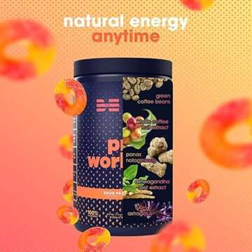 Be Amazing Pre-Workout Powder | Vegan Energy Booster Powdered Drink with All-Natural Caffeine, No Crash, No Jitters | Gluten-Free Supplement with Adaptogens | Sour Peach Rings, 30 Scoops