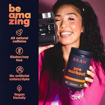 Be Amazing Pre-Workout Powder | Vegan Energy Booster Powdered Drink with All-Natural Caffeine, No Crash, No Jitters | Gluten-Free Supplement with Adaptogens | Sour Peach Rings, 30 Scoops