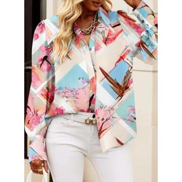 EVALESS Multicolor Long Sleeve Shirt for Women Plus Size Tops for Women Dressy Casual Cute Blouses for Women Fashion 2025 Button Down Shirts Sexy V Neck Boho Tops Spring Fall Outfits Clothes, X-Large