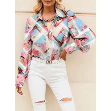 EVALESS Multicolor Long Sleeve Shirt for Women Plus Size Tops for Women Dressy Casual Cute Blouses for Women Fashion 2025 Button Down Shirts Sexy V Neck Boho Tops Spring Fall Outfits Clothes, X-Large