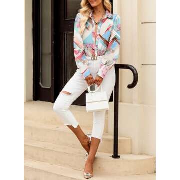 EVALESS Multicolor Long Sleeve Shirt for Women Plus Size Tops for Women Dressy Casual Cute Blouses for Women Fashion 2025 Button Down Shirts Sexy V Neck Boho Tops Spring Fall Outfits Clothes, X-Large
