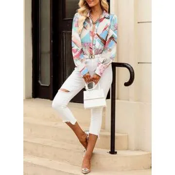 EVALESS Multicolor Long Sleeve Shirt for Women Plus Size Tops for Women Dressy Casual Cute Blouses for Women Fashion 2025 Button Down Shirts Sexy V Neck Boho Tops Spring Fall Outfits Clothes, X-Large