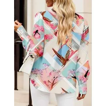 EVALESS Multicolor Long Sleeve Shirt for Women Plus Size Tops for Women Dressy Casual Cute Blouses for Women Fashion 2025 Button Down Shirts Sexy V Neck Boho Tops Spring Fall Outfits Clothes, X-Large