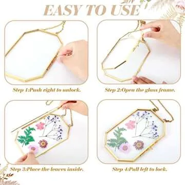 Qunclay 2 Pcs Glass Pressed Flower Frames Hanging Picture Clear Floating Octagon Geometric Double Glass Frame for Pressed Flowers DIY Vintage Home Wall Decor(4 x 6 Inch,Gold)