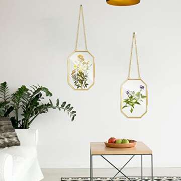 Qunclay 2 Pcs Glass Pressed Flower Frames Hanging Picture Clear Floating Octagon Geometric Double Glass Frame for Pressed Flowers DIY Vintage Home Wall Decor(4 x 6 Inch,Gold)