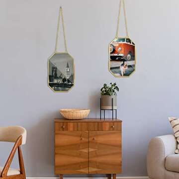 Qunclay 2 Pcs Glass Pressed Flower Frames Hanging Picture Clear Floating Octagon Geometric Double Glass Frame for Pressed Flowers DIY Vintage Home Wall Decor(4 x 6 Inch,Gold)