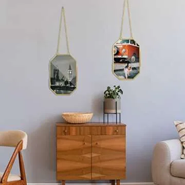 Qunclay 2 Pcs Glass Pressed Flower Frames Hanging Picture Clear Floating Octagon Geometric Double Glass Frame for Pressed Flowers DIY Vintage Home Wall Decor(4 x 6 Inch,Gold)