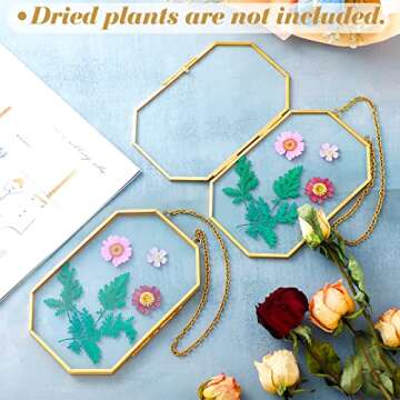 Qunclay 2 Pcs Glass Pressed Flower Frames Hanging Picture Clear Floating Octagon Geometric Double Glass Frame for Pressed Flowers DIY Vintage Home Wall Decor(4 x 6 Inch,Gold)