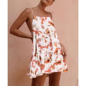 Women Y2K Cute Mini Dress Fruit Print Spaghetti Strap Short Dress Graffiti Cami Dress Sleeveelss Bac...