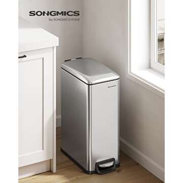 SONGMICS Slim Trash Can, 13-Gallon (50 L) Garbage Can for Narrow Spaces with Soft-Close Lid, Inner Bucket, and Step-on Pedal, Stainless Steel, 15 Trash Bags Included, Silver ULTB510E48