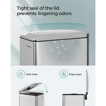 SONGMICS Slim Trash Can, 13-Gallon (50 L) Garbage Can for Narrow Spaces with Soft-Close Lid, Inner Bucket, and Step-on Pedal, Stainless Steel, 15 Trash Bags Included, Silver ULTB510E48