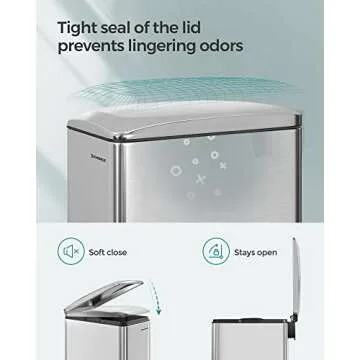 SONGMICS Slim Trash Can, 13-Gallon (50 L) Garbage Can for Narrow Spaces with Soft-Close Lid, Inner Bucket, and Step-on Pedal, Stainless Steel, 15 Trash Bags Included, Silver ULTB510E48