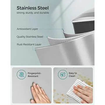 SONGMICS Slim Trash Can, 13-Gallon (50 L) Garbage Can for Narrow Spaces with Soft-Close Lid, Inner Bucket, and Step-on Pedal, Stainless Steel, 15 Trash Bags Included, Silver ULTB510E48