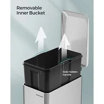 SONGMICS Slim Trash Can, 13-Gallon (50 L) Garbage Can for Narrow Spaces with Soft-Close Lid, Inner Bucket, and Step-on Pedal, Stainless Steel, 15 Trash Bags Included, Silver ULTB510E48