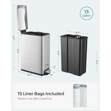 SONGMICS Slim Trash Can, 13-Gallon (50 L) Garbage Can for Narrow Spaces with Soft-Close Lid, Inner Bucket, and Step-on Pedal, Stainless Steel, 15 Trash Bags Included, Silver ULTB510E48