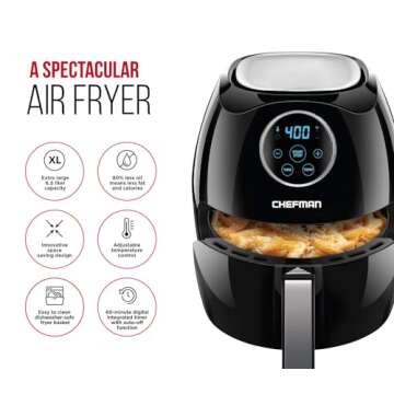 CHEFMAN Large Air Fryer 6.5 Qt XL, Healthy Cooking, User Friendly, Nonstick, Digital Touch Screen with 4 Cooking Functions w/ 60 Minute Timer & Auto Shut Off, BPA-Free, Dishwasher Safe Basket, Black