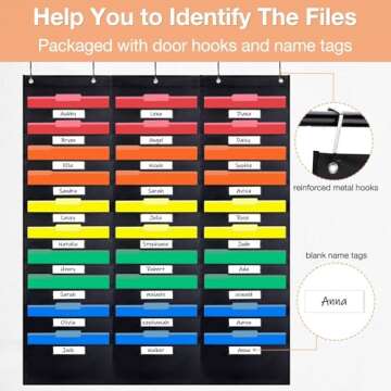 Opret 30 Pockets Storage Pocket Chart with 30 Nametag Pockets, Hanging Wall File Organizer for File Folders with 5 Hangers for Classroom, Office, School Mailbox Organizer and Home (Black)
